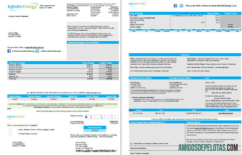 Em branco modelo de fatura de serviços públicos de energia infinita dos EUA em formatos Word e PDF. 2 páginas